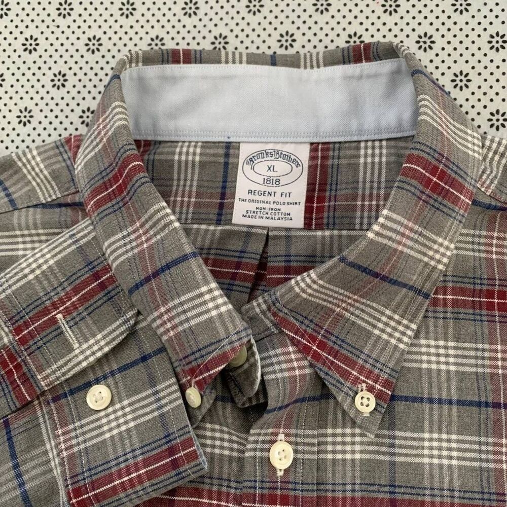 Brooks Brothers 1818 Regent Fit Non-Iron Stretch Cotton Plaid Shirt XL Gray